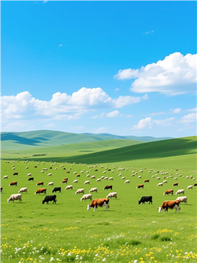 蓝天白云牛羊成群的大草原图片